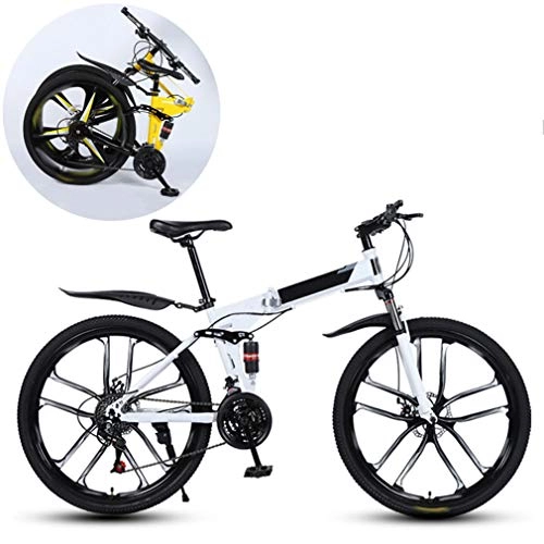 Folding Bike : JFSKD Mountain Bikes, Folding High Carbon Steel Frame 26 Inch Variable Speed Double Shock Absorption Ten Cutter Wheels Foldable Bicycle, Suitable for People with A Height of 160-185Cm, White, 24 speed