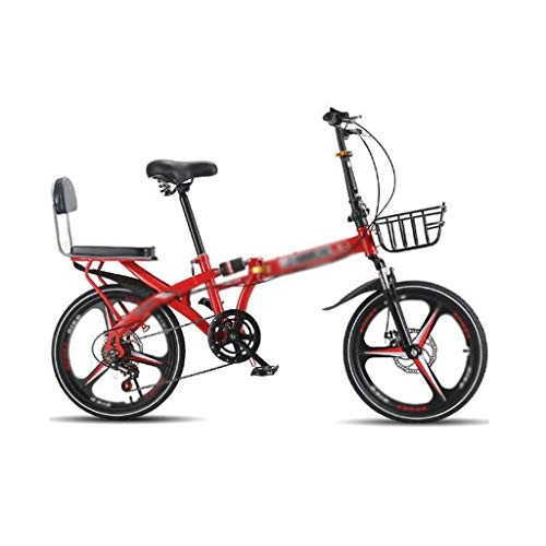 Folding Bike : JHEY Variable Speed Folding Bicycle Front And Rear Double Shock Absorption Disc Brake High Carbon Steel Frame Bike (Color : 6 speed Red, Size : 16 inches)