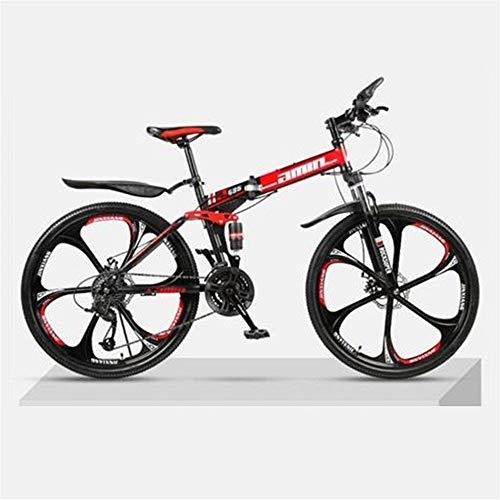 Folding Bike : JHKGY Folding Mountain Bike Bicycle, Mountain Bike for Adult Men And Women, High Carbon Steel Dual Suspension Frame Mountain Bike, Gears Folding Outroad Bike with 6-Spoke Rims, red, 24 inch 21 speed
