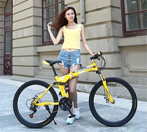 Folding Bike : JHKGY Folding Mountain Bike for Adult, Double Disc Mountain Bike Wheel, Suspension Fork, Disc Brake, for Men Women Bike, yellow, 26 inch 21 speed