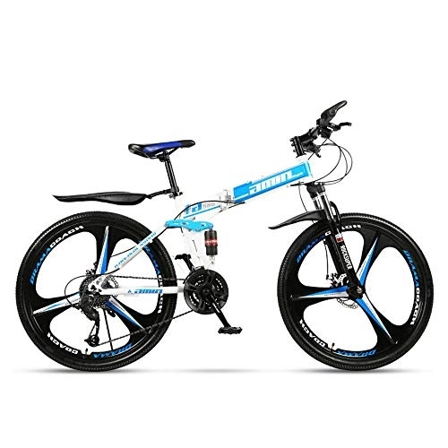 Folding Bike : JHKGY Folding Mountain Bike, Full Suspension MTB Bikes, Speed Double Disc Brake Adult Bicycle, Outroad Mountain Bike for Adult Teens, blue, 26 inch 24 speed