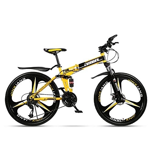 Folding Bike : JHKGY Folding Mountain Bike, Full Suspension MTB Bikes, Speed Double Disc Brake Adult Bicycle, Outroad Mountain Bike for Adult Teens, yellow, 26 inch 30 speed