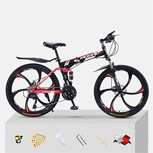 Folding Bike : JHKGY Mountain Bike for Adult Men And Women, High Carbon Steel Dual Suspension Frame Mountain Bike, 6-Spoke Rims Folding Outroad Bike, Red, 24 inch 27 speed