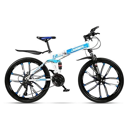 Folding Bike : JHKGY Mountain Bike for Adult Men And Women, Speed Double Disc Brake Adult Bicycle, High Carbon Steel Dual Suspension Frame Mountain Bike, Folding Outroad Bike, blue, 24 inch 21 speed