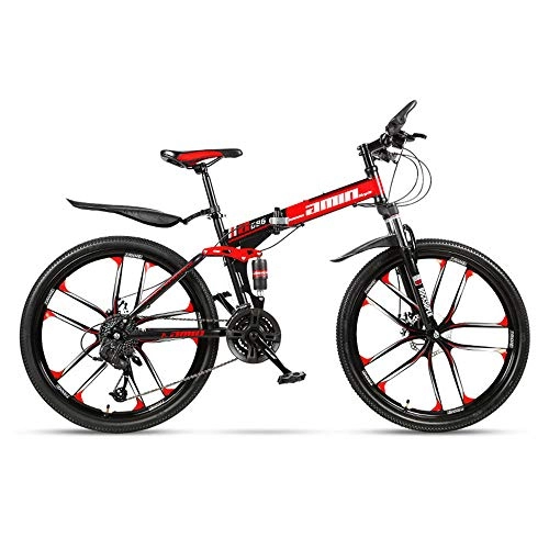 Folding Bike : JHKGY Mountain Bike for Adult Men And Women, Speed Double Disc Brake Adult Bicycle, High Carbon Steel Dual Suspension Frame Mountain Bike, Folding Outroad Bike, red, 26 inch 30 speed
