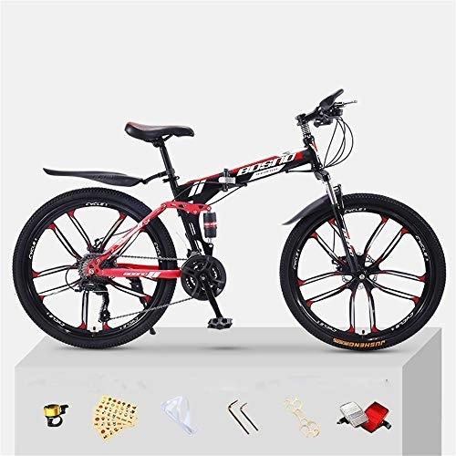 Folding Bike : JHKGY Speed Double Disc Brake Adult Bicycle, High Carbon Steel Frame Folding Damping Mountain Bike Adult Bicycle, Red, 26 inch 24 speed