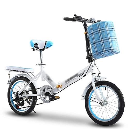 Folding Bike : JHNEA 16 Inch 6 Speed Folding Bike, Low Step-Through Steel Frame Foldable Compact Bicycle with Rack and Carrying Bag Urban Riding and Commuting, Blue-B
