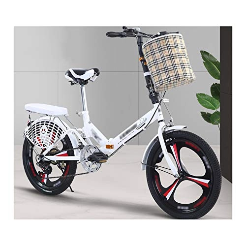 Folding Bike : JHNEA 16 Inch 6 Speed Folding Bike, Low Step-Through Steel Frame Foldable Compact Bicycle with Rack and Carrying Bag Urban Riding and Commuting, White-A