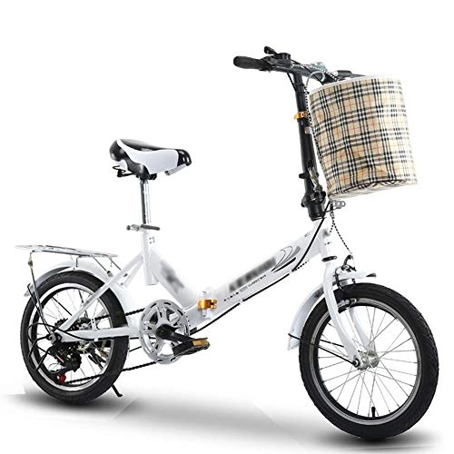 Folding Bike : JHNEA 16 Inch 6 Speed Folding Bike, Low Step-Through Steel Frame Foldable Compact Bicycle with Rack and Carrying Bag Urban Riding and Commuting, White-B