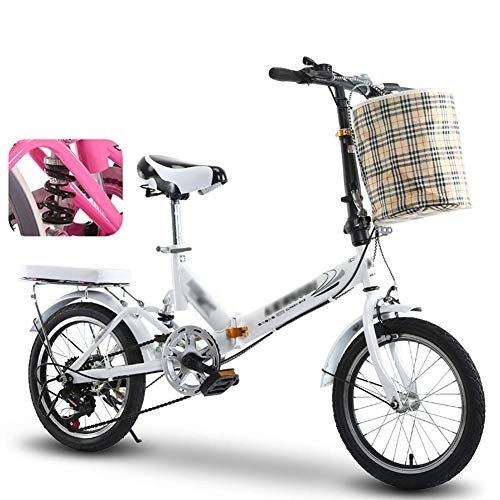 Folding Bike : JHNEA 16 Inch 6 Speed Folding Bike, Low Step-Through Steel Frame Foldable Compact Bicycle with Rack and Carrying Bag Urban Riding and Commuting, White-C