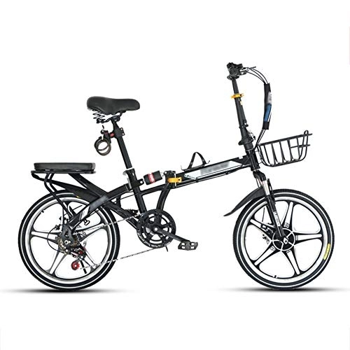 Folding Bike : JHNEA 16 Inch Folding Bike, 7 Speed Low Step-Through Steel Frame Foldable Compact Bicycle with Rack Comfort Saddle and Fenders Urban Riding and Commuting, Black-B