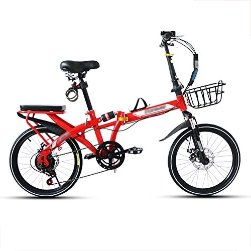 Folding Bike : JHNEA 16 Inch Folding Bike, 7 Speed Low Step-Through Steel Frame Foldable Compact Bicycle with Rack Comfort Saddle and Fenders Urban Riding and Commuting, Red-C