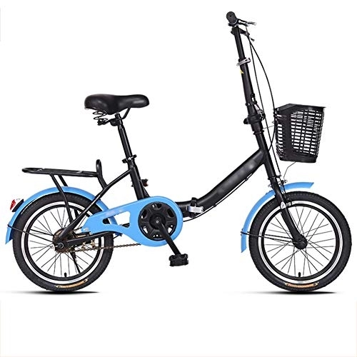Folding Bike : JHNEA 16 Inch Folding Bike, Single Speed Low Step-Through Steel Frame Foldable Compact Bicycle with Comfort Saddle and Rack for Adults, Blue