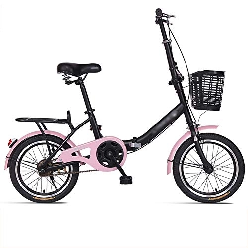 Folding Bike : JHNEA 16 Inch Folding Bike, Single Speed Low Step-Through Steel Frame Foldable Compact Bicycle with Comfort Saddle and Rack for Adults, Pink