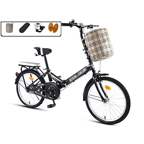 Folding Bike : JHNEA 16 Inch Folding Bike, Single Speed Low Step-Through Steel Frame Foldable Compact Bicycle with Comfort Saddle Carrying Bag and Rack, Black-A
