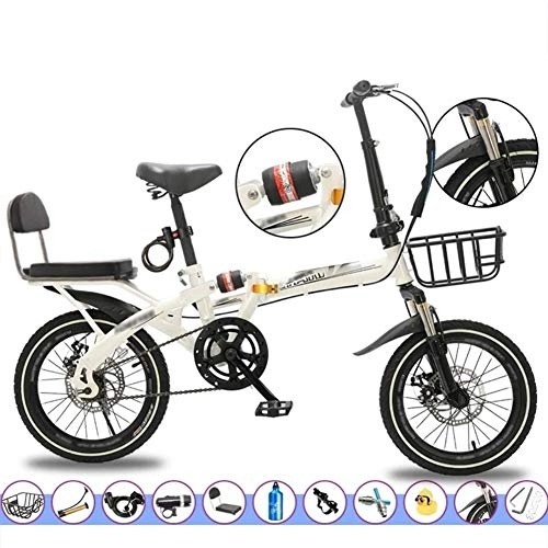 Folding Bike : JHNEA 16 Inch Folding Bike, Single Speed Low Step-Through Steel Frame Foldable Compact Bicycle with Rack Comfort Saddle and Fenders, White-A