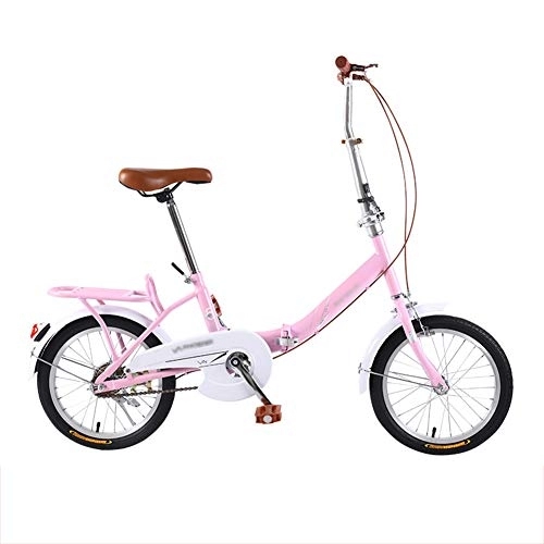 Folding Bike : JHNEA 16 Inch Folding Bike, Single Speed Low Step-Through Steel Frame Foldable Compact Bicycle with Rack Comfort Saddle Urban Riding and Commuting, Pink