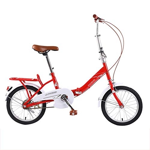Folding Bike : JHNEA 16 Inch Folding Bike, Single Speed Low Step-Through Steel Frame Foldable Compact Bicycle with Rack Comfort Saddle Urban Riding and Commuting, Red