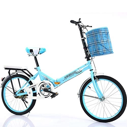 Folding Bike : JHNEA 16 Inch Single Speed Folding Bike, Low Step-Through Steel Frame Foldable Compact Bicycle with Rack and Carrying Bag Urban Riding and Commuting, Blue-A