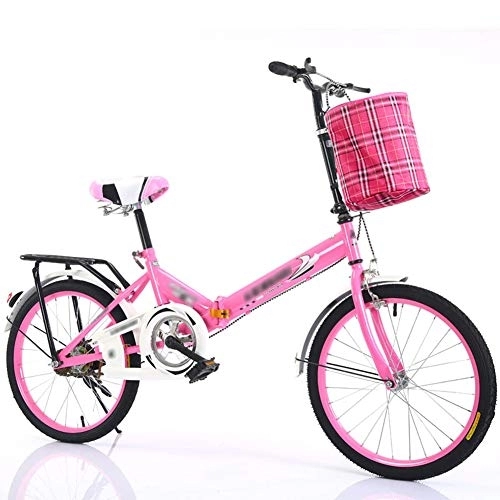 Folding Bike : JHNEA 16 Inch Single Speed Folding Bike, Low Step-Through Steel Frame Foldable Compact Bicycle with Rack and Carrying Bag Urban Riding and Commuting, Pink-A