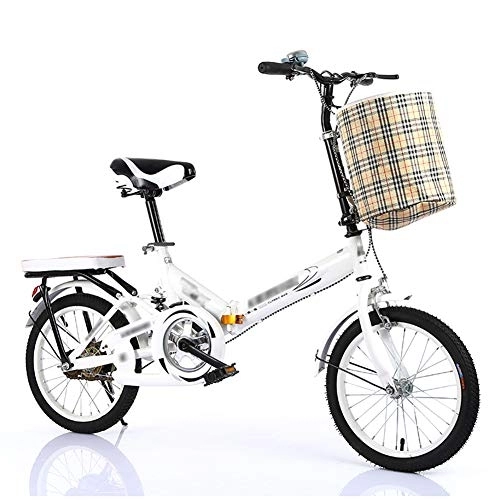 Folding Bike : JHNEA 16 Inch Single Speed Folding Bike, Low Step-Through Steel Frame Foldable Compact Bicycle with Rack and Carrying Bag Urban Riding and Commuting, White-B