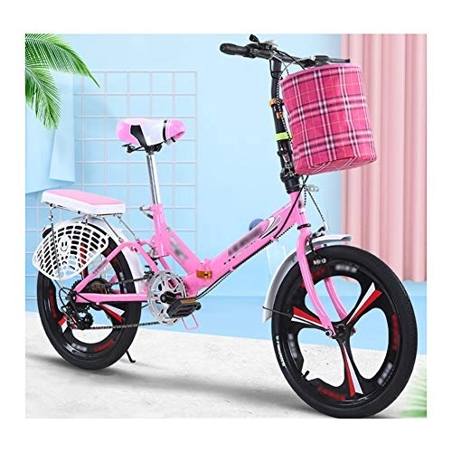 Folding Bike : JHNEA 20 Inch 6 Speed Folding Bike, Low Step-Through Steel Frame Foldable Compact Bicycle with Rack and Carrying Bag for Adults, Pink-C