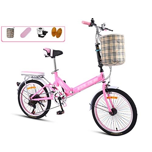 Folding Bike : JHNEA 20 Inch Folding Bike, 7 Speed Low Step-Through Steel Frame Foldable Compact Bicycle with Comfort Saddle Carrying Bag and Rack, Pink-B