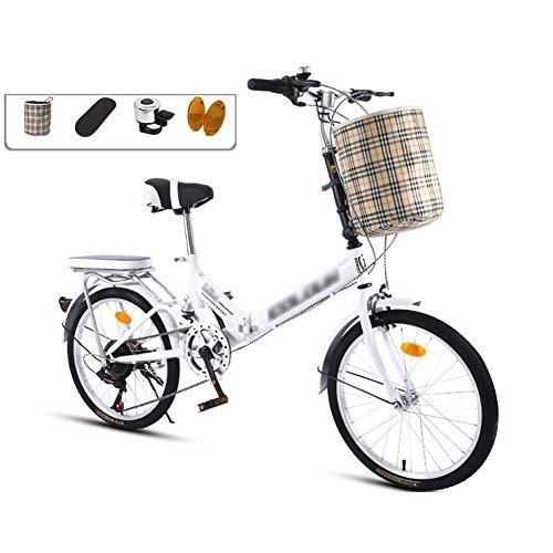 Folding Bike : JHNEA 20 Inch Folding Bike, 7 Speed Low Step-Through Steel Frame Foldable Compact Bicycle with Comfort Saddle Carrying Bag and Rack, White-A