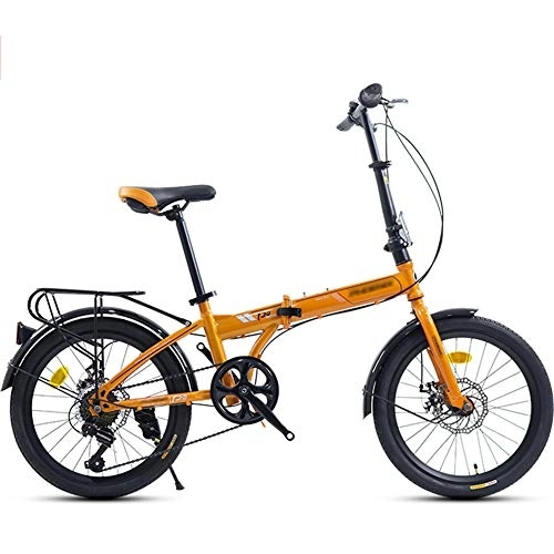 Folding Bike : JHNEA 20 Inch Folding Bike, 7 Speed Low Step-Through Steel Frame Foldable Compact Bicycle with Fenders Comfort Saddle and Rack, Yellow