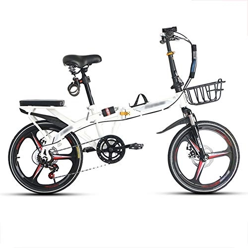 Folding Bike : JHNEA 20 Inch Folding Bike, 7 Speed Low Step-Through Steel Frame Foldable Compact Bicycle with Rack Comfort Saddle and Fenders Urban Riding and Commuting, White-B