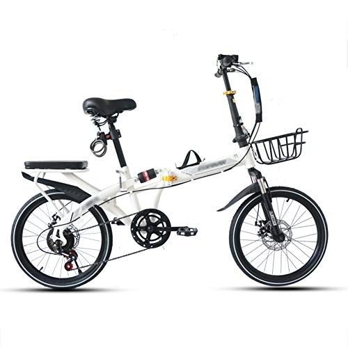 Folding Bike : JHNEA 20 Inch Folding Bike, 7 Speed Low Step-Through Steel Frame Foldable Compact Bicycle with Rack Comfort Saddle and Fenders Urban Riding and Commuting, White-C