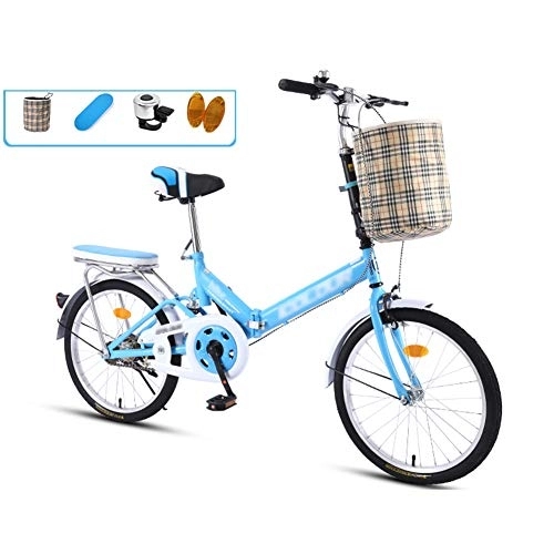 Folding Bike : JHNEA 20 Inch Folding Bike, Single Speed Low Step-Through Steel Frame Foldable Compact Bicycle with Comfort Saddle Carrying Bag and Rack, Blue-B