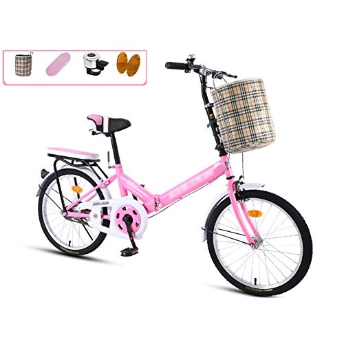 Folding Bike : JHNEA 20 Inch Folding Bike, Single Speed Low Step-Through Steel Frame Foldable Compact Bicycle with Comfort Saddle Carrying Bag and Rack, Pink-A