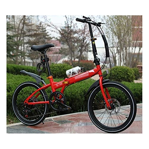 Folding Bike : JHNEA 6 Speed Folding Bike, Low Step-Through Steel Frame Foldable Compact Bicycle with Rack Fenders Urban Riding and Commuting, 16 Inch-Red