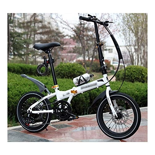 Folding Bike : JHNEA 6 Speed Folding Bike, Low Step-Through Steel Frame Foldable Compact Bicycle with Rack Fenders Urban Riding and Commuting, 16 Inch-White