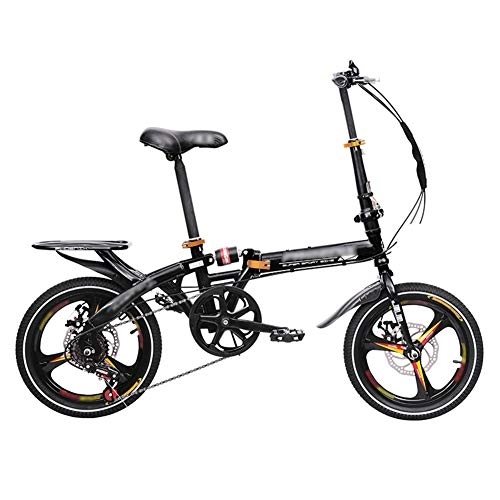 Folding Bike : JHNEA Folding Bike, 16 Inch 7 Speed Low Step-Through Steel Frame Foldable Compact Bicycle with Rack Comfort Saddle and Fenders for Adults, Black-A