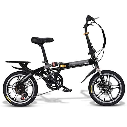 Folding Bike : JHNEA Folding Bike, 16 Inch 7 Speed Low Step-Through Steel Frame Foldable Compact Bicycle with Rack Comfort Saddle and Fenders for Adults, Black-C