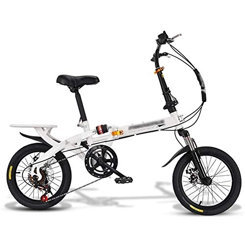Folding Bike : JHNEA Folding Bike, 16 Inch 7 Speed Low Step-Through Steel Frame Foldable Compact Bicycle with Rack Comfort Saddle and Fenders for Adults, White-D