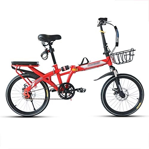 Folding Bike : JHNEA Single Speed Folding Bike, Low Step-Through Steel Frame Foldable Compact Bicycle with Rack Comfort Saddle and Fenders Urban Riding and Commuting, 16 Inch-Red