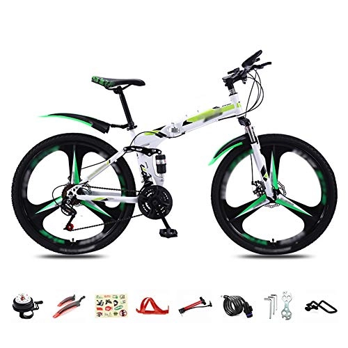 Folding Bike : JI TA Foldable Bicycle 26 Inch, 30-Speed Folding Mountain Bike, Unisex Lightweight Commuter Bike, MTB Full Suspension Bicycle with Double Disc Brake / Green / A wheel