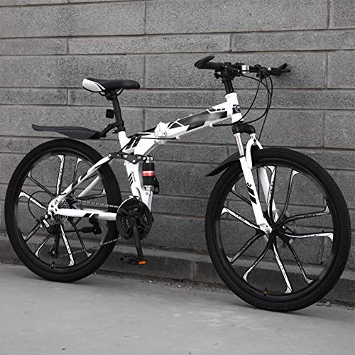 Folding Bike : JI TA Mountain Bike Folding Bikes, 27-Speed Double Disc Brake Full Suspension Bicycle, 26 Inch Off-Road Variable Speed Bikes for Men And Women / white