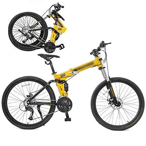 Folding Bike : JI TA Off-road Mountain Bike, 26-inch Folding Shock-absorbing Bicycle with Double Disc Brake, Male And Female Adult Lady Bike, Foldable Commuter Bike - 27 Speed Gears / Yellow