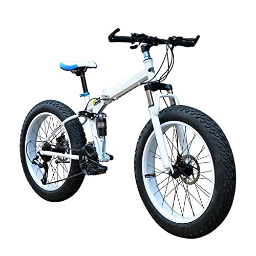 Folding Bike : JIEPPTO 7-speed 20 / 24 / 26-inch Mountain Cross-country Bike with Dual Disc Brake Damping, Large Tires, Foldable (Color : White, Size : 20inch)