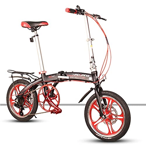 Folding Bike : JINDAO foldable bicycle Folding bicycle 16 inch 6 speed double folding pedal aluminum alloy small folding bicycle can be put in the trunk (Color : Black)