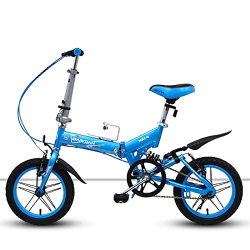 Folding Bike : JINDAO foldable bicycle Single-speed folding bicycle 14 inches high carbon steel Load capacity: 90kg adult shock-absorbing mountain bike (Color : Blue)