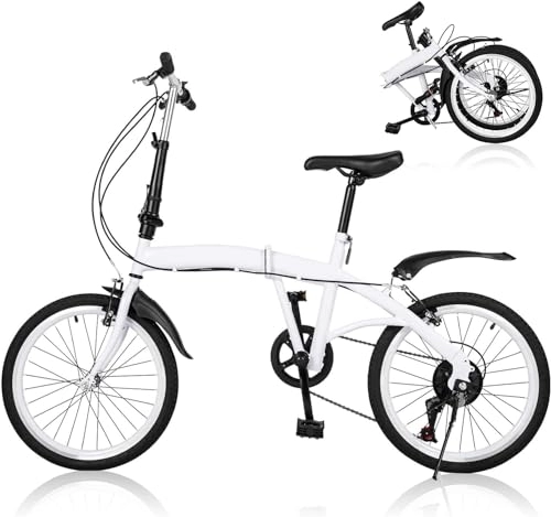 Folding Bike : JINPRDAMZ 20 Inch Adult Folding Bike White Folding City Bike Bicycle 6 Speed Bike Height Adjustable White Bike Foldable Bike 20" Lightweight, Compact Portable Bicycle