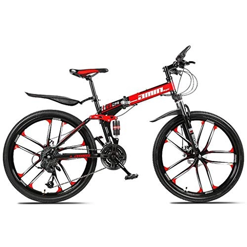 Folding Bike : JLFSDB Mountain Bike, 26'' Inch Foldable Bicycles 21 / 24 / 27 Speeds Women / Men MTB Lightweight Carbon Steel Frame Full Suspension (Color : Red, Size : 21speed)