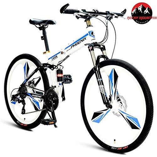 Folding Bike : JLFSDB Mountain Bike, 26 Inch Foldable Bicycles 24 Speeds MTB Lightweight Carbon Steel Frame Disc Brake Full Suspension (Color : White)