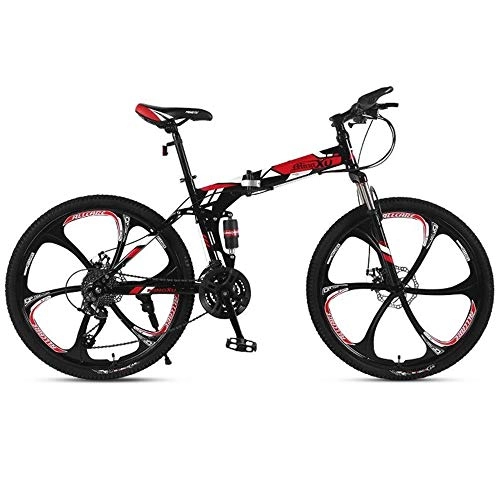 Folding Bike : JLFSDB Mountain Bike, 26 Inch Foldable Hardtail Bicycles, Full Suspension And Dual Disc Brake, Carbon Steel Frame (Color : Red, Size : 21-speed)