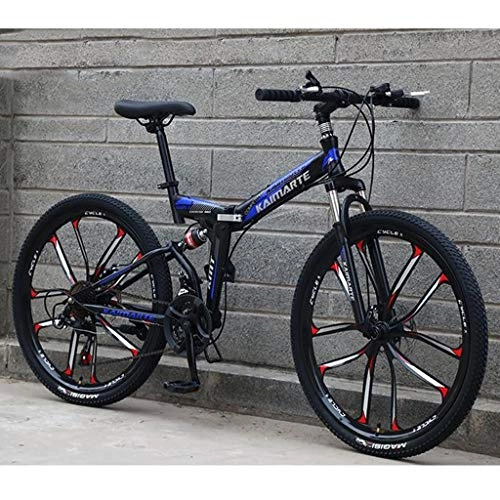Folding Bike : JLFSDB Mountain Bike, 26 Inch Unisex Foldable Mountain Bicycles Lightweight Carbon Steel Frame 21 / 24 / 27 Speeds Full Suspension (Color : Blue, Size : 21speed)